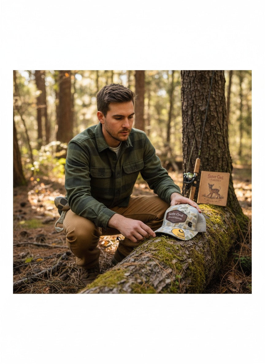 Man in forest wearing Scatter Creek Trading Co camo trucker hat with Carhartt patch, kneeling by a log with fishing gear