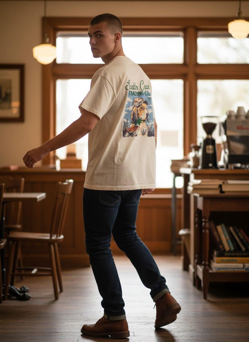 Man wearing a cream Scatter Creek Trading Co t-shirt with a vintage duck and dog graphic on the back in a cafe.
