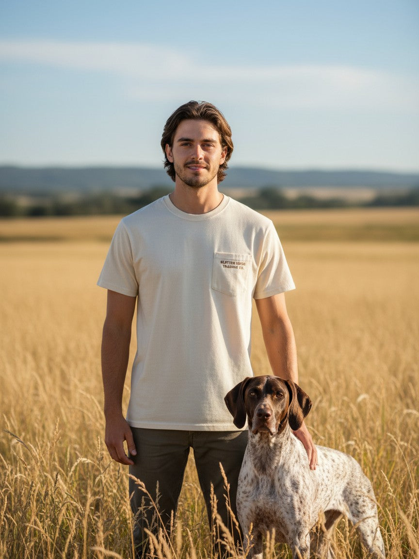 Man wearing a Scatter Creek Trading Co heavyweight cream pocket t-shirt standing in a field with a pointer dog.