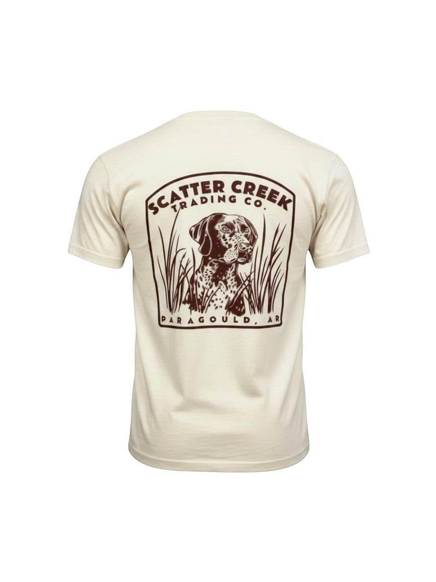 Scatter Creek Trading Co unisex heavyweight cotton t-shirt in cream with a brown hunter pointer dog graphic on the back