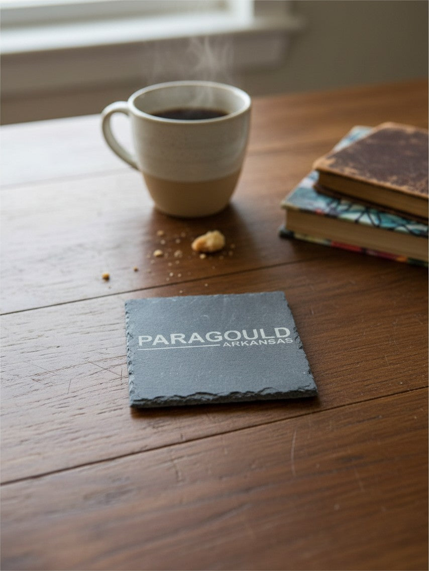 Scatter Creek Trading Co square slate coaster with laser engraved Paragould Arkansas text on a wooden table