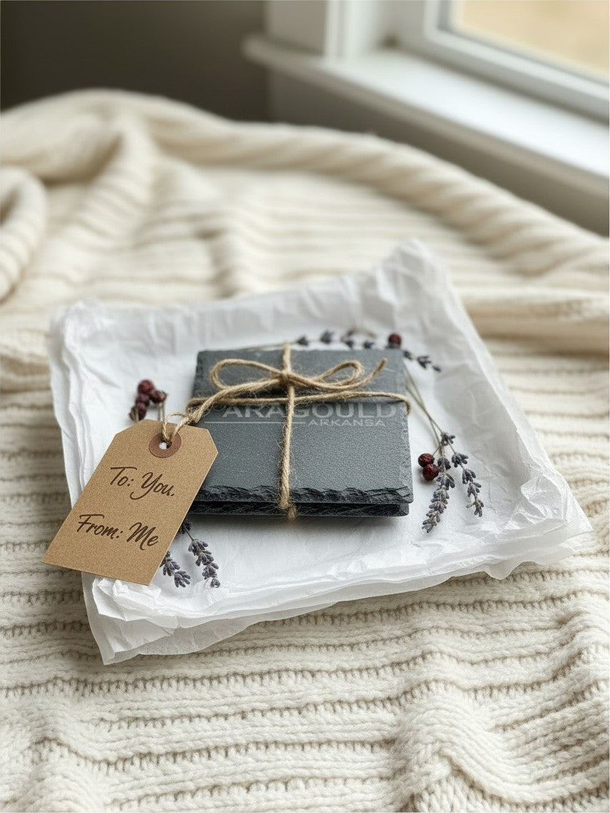 Scatter Creek Trading Co set of 4 laser-engraved Paragould slate coasters wrapped in tissue paper with a gift tag