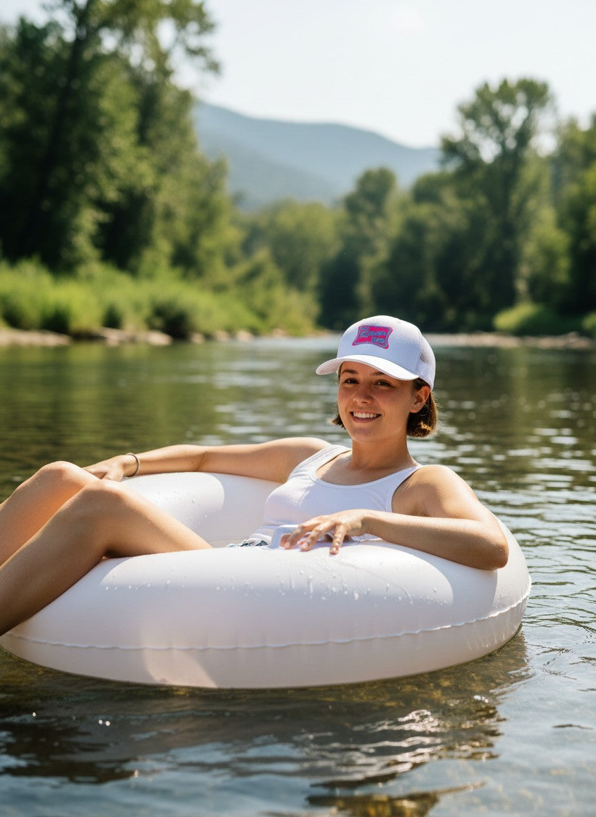 Woman wearing a white Scatter Creek Trading Co It's River Time trucker hat while floating in a river on a tube.