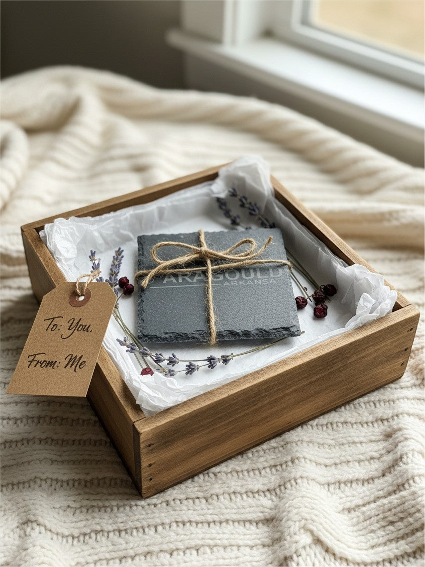 Scatter Creek Trading Co set of 4 laser engraved slate coasters in a rustic wooden gift box with lavender and tag